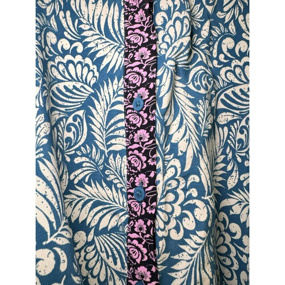 LOFT Printed Shirt Dress Belted Teal Pink Floral Boho Short Sleeve Size 8 - Picture 6 of 13